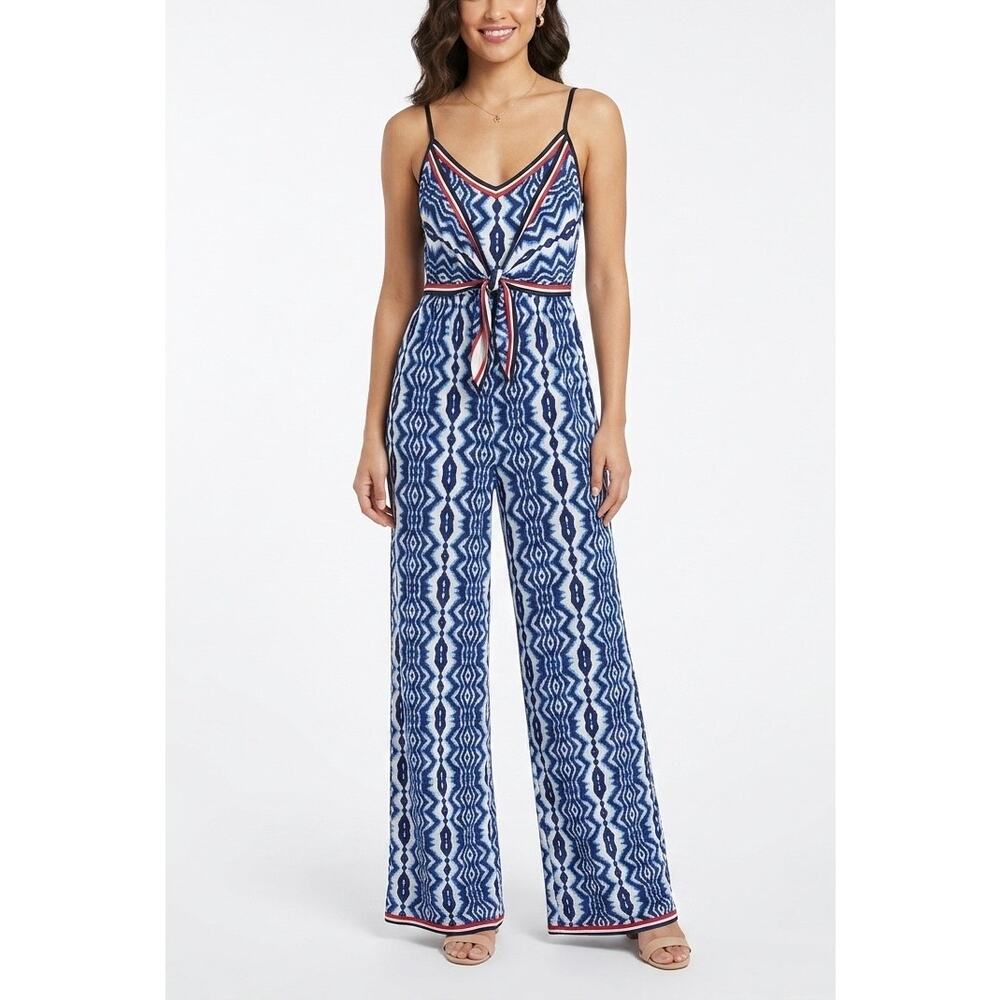 Flying Tomato Blue Aztec Print Cutout Waist Tie Back Jumpsuit Size Small Boho